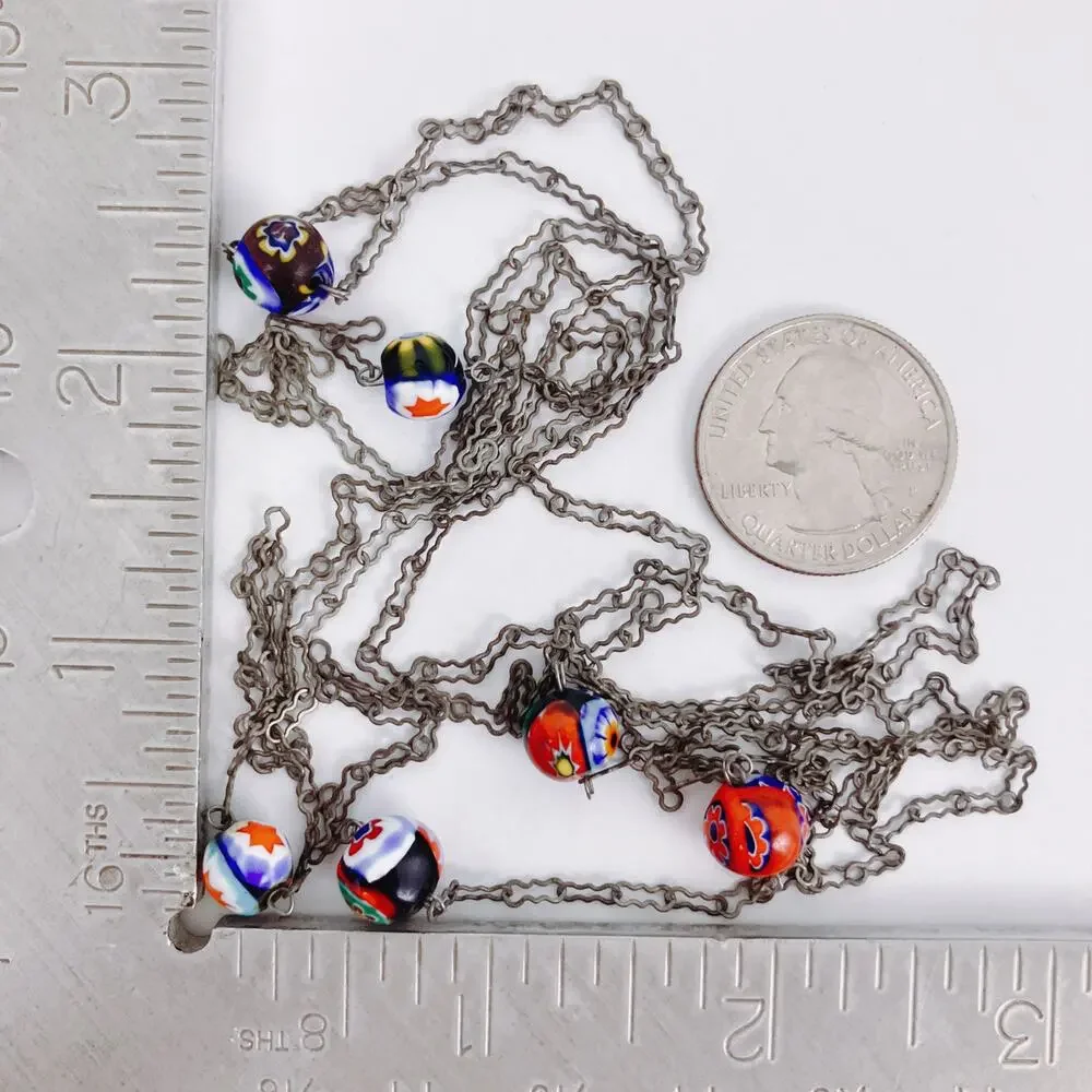 VTG 1950s 60s Millefiori Glass Bead Necklace Long Opera Silver Tone 54